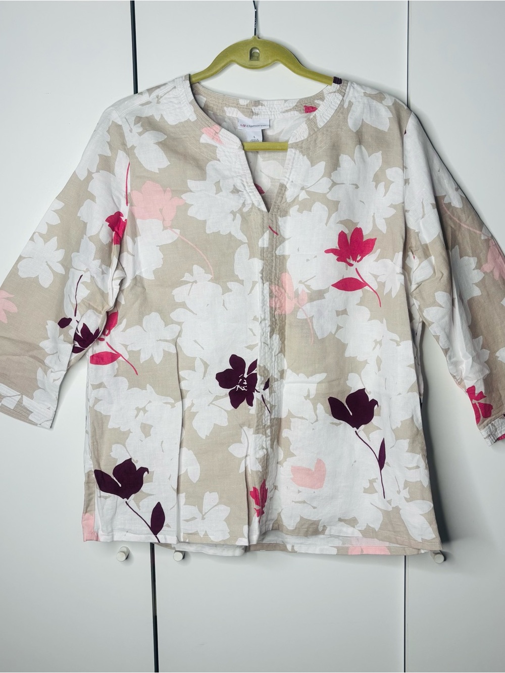 Floral Linen Blend Tunic Top in Beige with Pink & Plum Accents